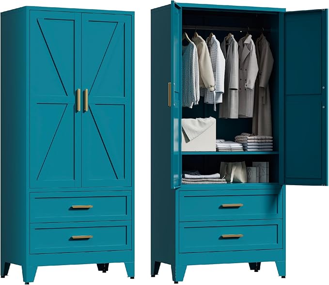 71'' Farmhouse Metal Wardrobe Cabinet with Hanging Rod, 2 Barn Door Wardrobe Closet with Adjustable Shelves,2 Drawer,for Dining Room,Bedroom,Living Room, Cloak Room,Office (Peacock Blue)-Ruum Studio Home