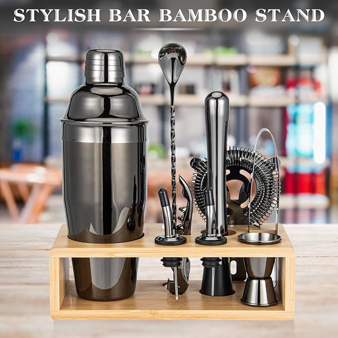 Cocktail Shaker Set, Mixology Bartender Kit 10-Piece Bar Tool Set with Stylish Bamboo Stand, Bar kit: Matini Shaker Mixing Spoon Muddler Jigger Cocksrew for Barware Set | Black-Ruum Studio Home