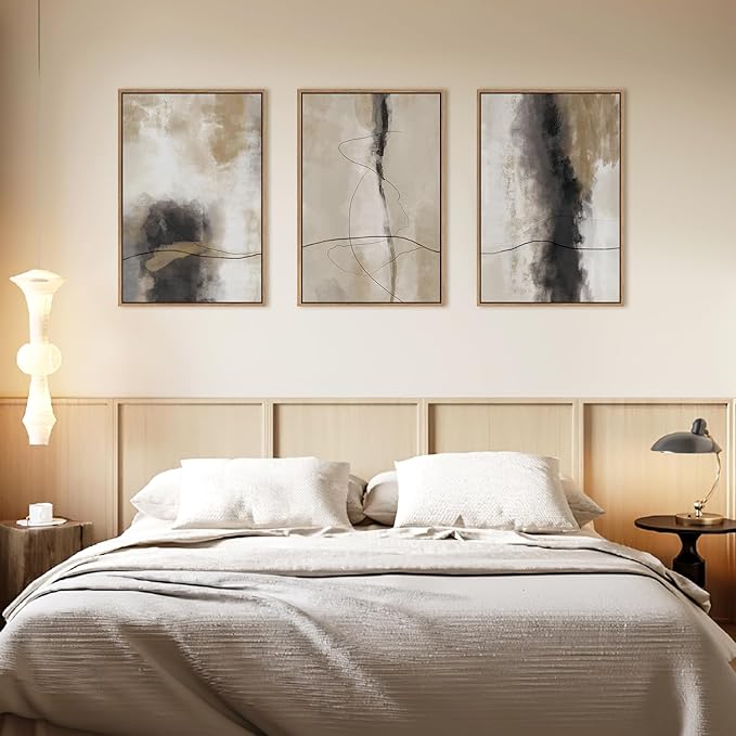 HPINUB Large Modern Abstract Shapes Framed Canvas Wall Art Set,Neutral Black and White Wall Decor,Minimalist Nordic Wall Painting for Living Room,Bedroom,Dining Room,Office -24"x36"x3-Ruum Studio Home