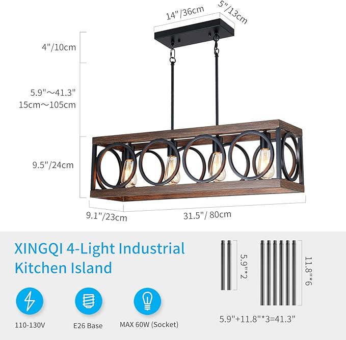 XINGQI Black Kitchen Island Light Fixtures, Farmhouse Dining Room Chandelier Rectangular Linear Chandeliers Pendant Ceiling Light Fixture for Bar Office Coffee Shop 4-Light Wood Grain-Ruum Studio Home