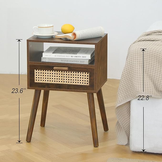 MaxSmeo Mid Century Nightstand, Rattan Side Table with Drawer, Wood Modern Bedside Table for Bedroom, Living Room and Small Spaces (Rustic Brown)-Ruum Studio Home