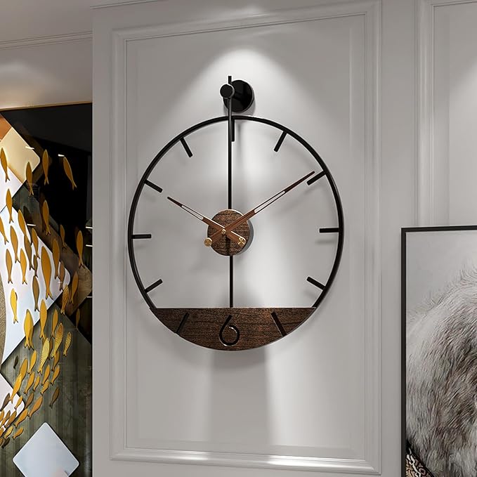 Modern Wood Walnut Dial Wall Clock, Large Simple Wall Decor Metal Frame Silent Non Ticking Clock for Living Room Decor, Kitchen, Bedroom, Study Decoration, Handmade Home Gift Idea, 15.8 in-Ruum Studio Home