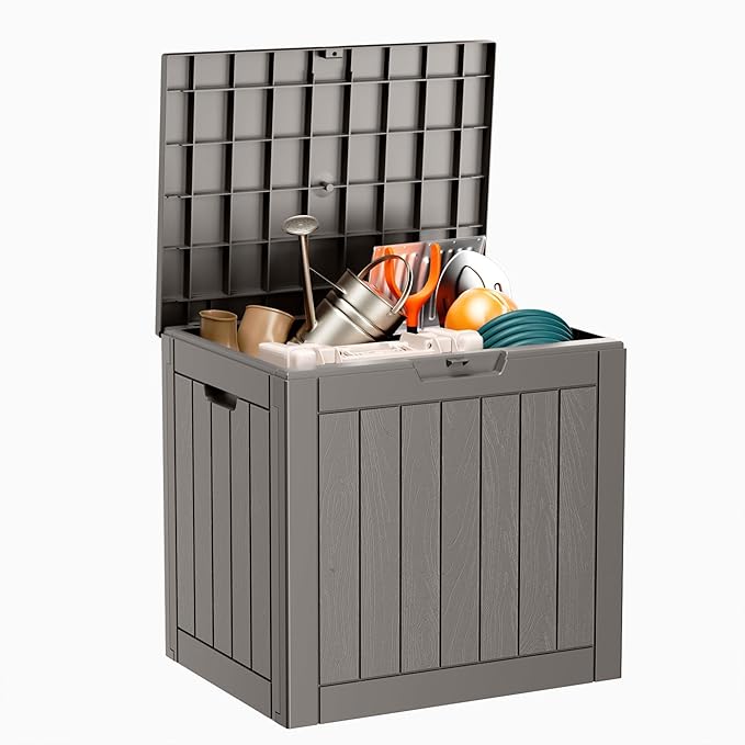 31 Gallon Resin Deck Box, Lockable Patio Outdoor Storage Box for Furniture, Garden Tools and Tools Storage, Waterproof Outside Storage Boxes - Grey-Ruum Studio Home