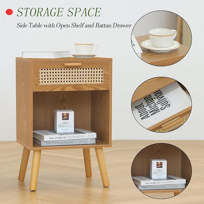 Mid Century Modern Nightstand, Rattan Bedside Table with Drawer and Open Shelf, Wood Nightstand Modern Side Table for Living Room, Bedroom and Small Space, Brown-Ruum Studio Home