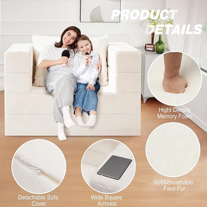 Folding Bean Bag Chair for Adults,3-in-1 Bean Bag Couch Faux Fur Floor Sofa Large Beanbag Convertible Bean Bag Sofa Bed with Pillow in Bedroom,Living Room,Apartment(Twin,Milky White)-Ruum Studio Home