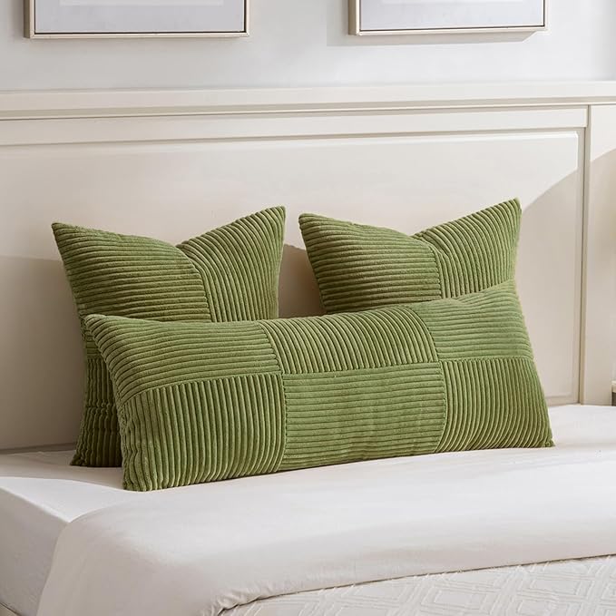 Fancy Homi 2 Packs Moss Green Big Decorative Throw Pillow Covers 24x24 Inch for Couch Bed Sofa, Rustic Farmhouse Boho Home Decor, Soft Corss Corduroy Patchwork Accent Square Cushion Case 60x60 cm-Ruum Studio Home