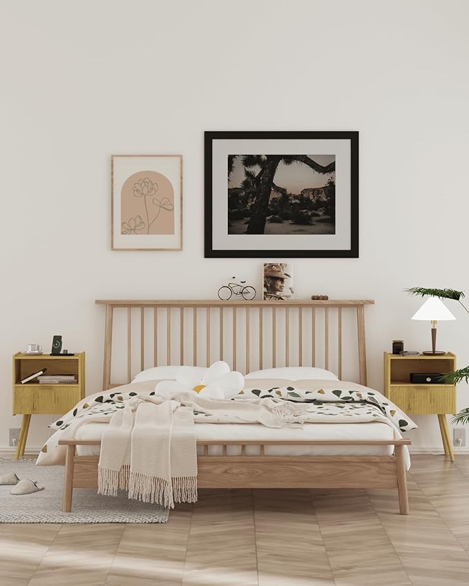 Nightstand,Modern Bedside Table with Storage Drawer and Open Wood Shelf, Accent Night Stand with Solid Wood Legs for Living Room, Bedroom and Small Spaces,Easy Assembly (Yellow Oak-Outlet)-Ruum Studio Home