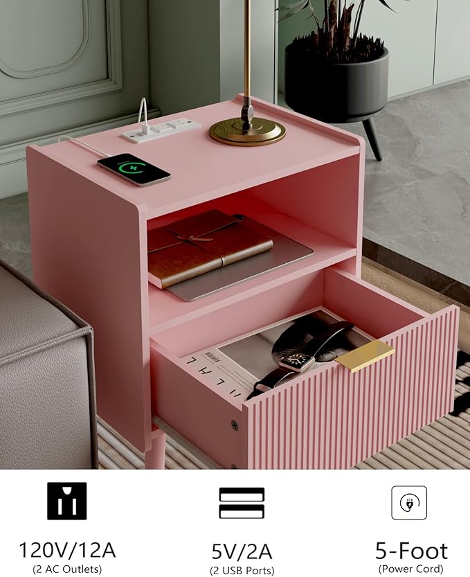 Nightstand,Modern Bedside Table with Storage Drawer and Open Wood Shelf, Accent Night Stand with Solid Wood Legs for Living Room, Bedroom and Small Spaces,Easy Assembly (Pink-Outlet)-Ruum Studio Home