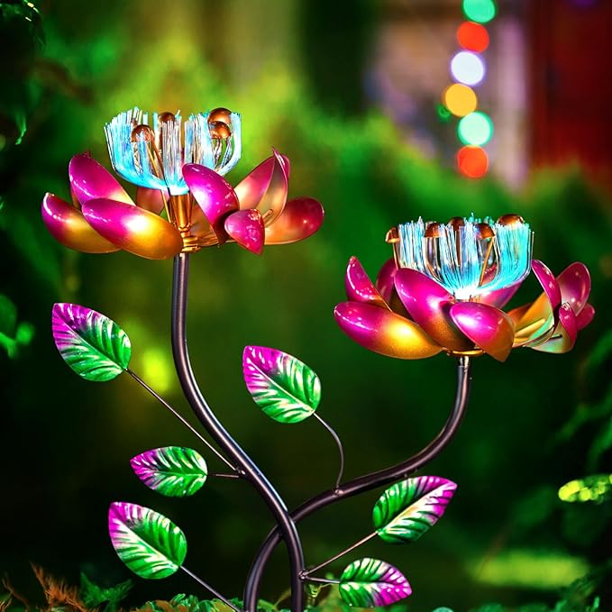 Solar Wind Spinners Pink Twin Flowers for Yard and Garden, Solar Windmill Garden Whirligig Kinetic Spinners Decor for Lawn, Patio, Yard, Metal Wind Outdoor Sculpture-Ruum Studio Home