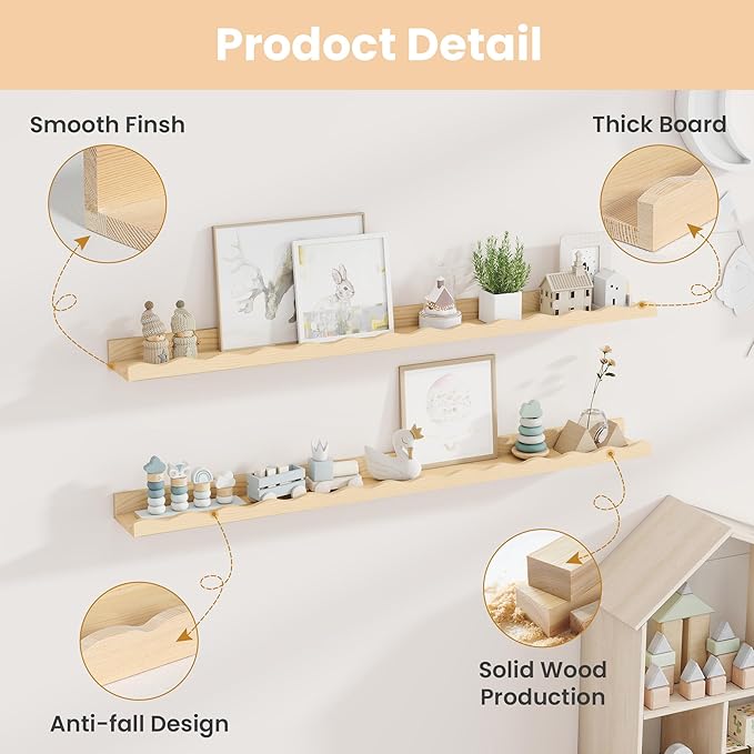 Fun Memories Picture Ledge Shelf for Wall, 48 inch Pine Wood Nursery Book Shelves Set of 2- Wall Book Shelves for Kids Room, Home Decor - Kitchen Spice-Natural-Ruum Studio Home