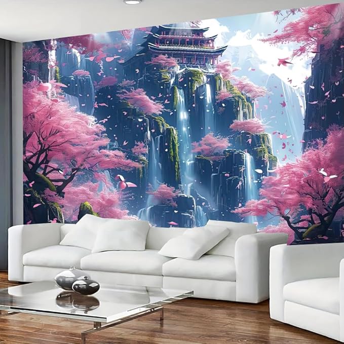 FENDROM Japanese Aesthetic Pink Cherry Blossom Tree Tapestry Building On Mountains Waterfall River Fairytale World Asian Art Tapestry for Bedroom Living Room-Ruum Studio Home