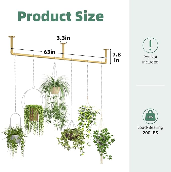 Plant Hanger Indoor Hanging Planters for Indoor Plants Hanging Plant Holder Window Plant Rod Gold Metal Shelves 63 Inch (Pot/Chains not Included-Ruum Studio Home