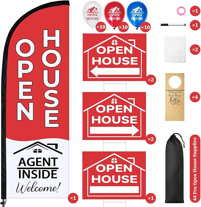 44 Pcs Open House Signs for Real Estate Agent Supplies, Double Sided Open House Flag with Poles Kit, 7.6 x 5.4 Ft Red Opening Sign Banner Set, 5 Pack Yard Signs with Metal Stakes 30 Balloons-Ruum Studio Home