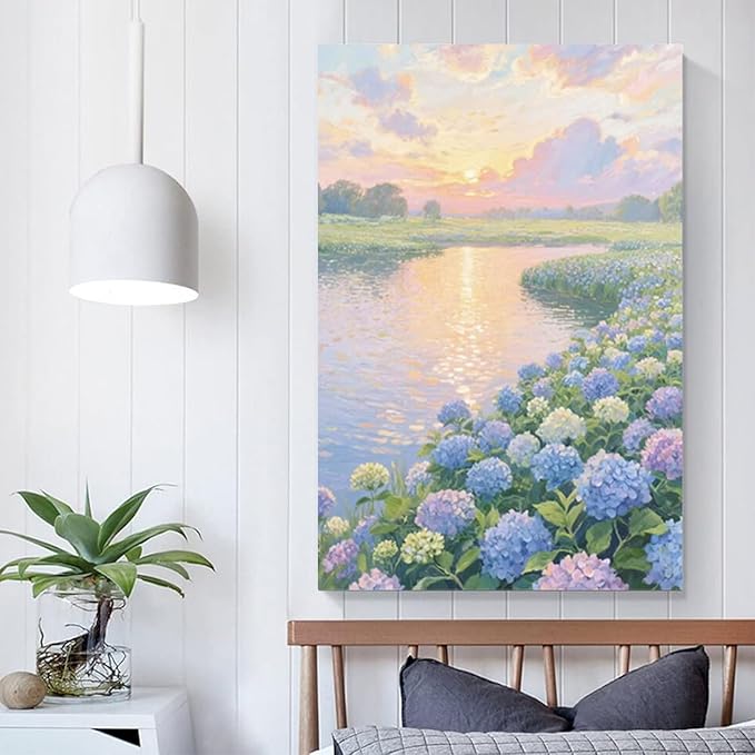 The hydrangea scenery all over the lake at sunset is suitable for posting in the living room bedroom office landscape poster wall painting-Ruum Studio Home