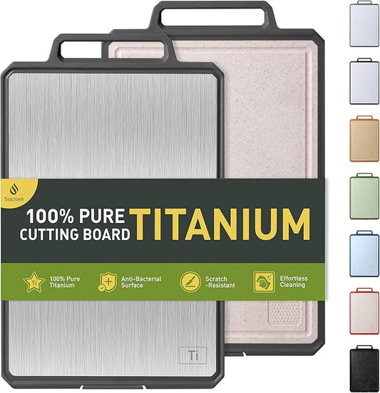 Titanium Cutting Boards for Kitchen Non Toxic Chopping Board with Handle Large Big Small Kitchen Meat Butcher Block 2 in 1 Pure Titanium and Wheat Straw PP Not Wood Bamboo Plastic Teak Grey/Beige-Ruum Studio Home