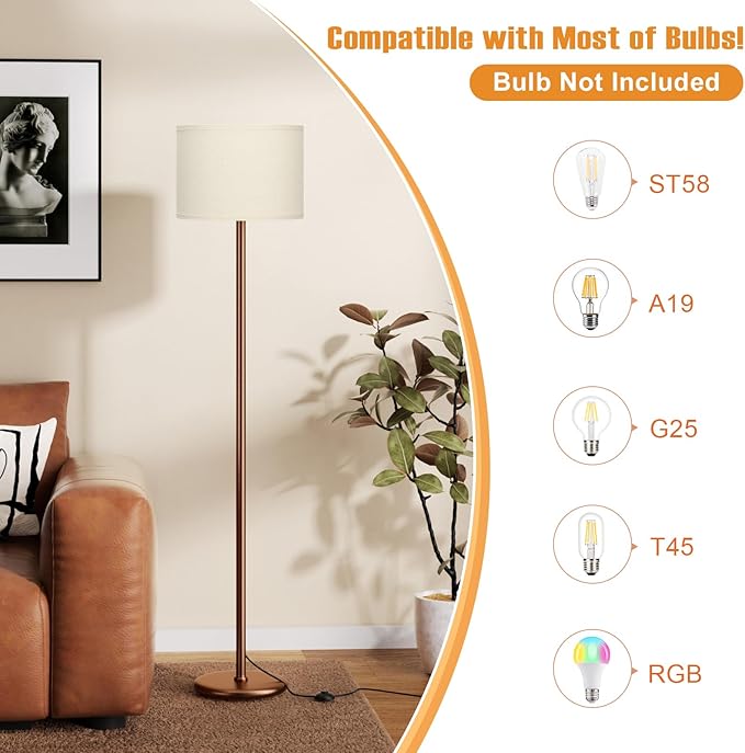 Ambimall 60'' Modern Floor Lamp with Shade, Tall Lamps for Living Room, Bedroom, Office, Dining Room, Beige Shade with Brown Pole(Without Bulb)-Ruum Studio Home