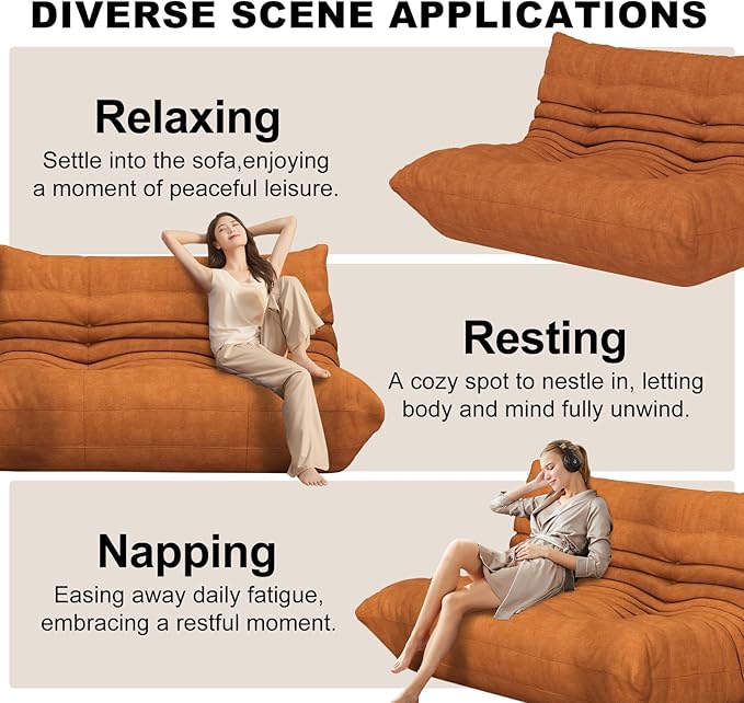 Full Foam Loveseat Sofa,Adults Bean Bag Chairs Floor Couch with Soft Waterproof Fabric,Armless Fireside Lounge Chair for Living Room,Apartment and Office (DarkOrange)-Ruum Studio Home