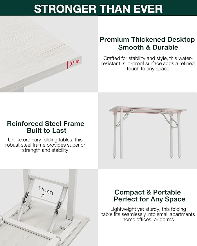 Frylr Small Folding Computer Desk – 55.1 Inch Portable Table for Craft and Study, Lightweight Desk for Small Spaces, Foldable Laptop Table Built-in AC/USB Outlets for Convenience, White Ash-Ruum Studio Home
