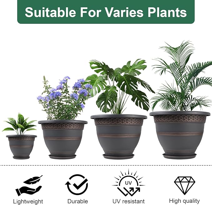 4 Pack 16 Inch Large Plant Pots, Plastic Flower Pot for Indoor & Outdoor with Drainage Holes & Saucer, Plaid Pattern Planters Garden Pots for Herbs-Ruum Studio Home