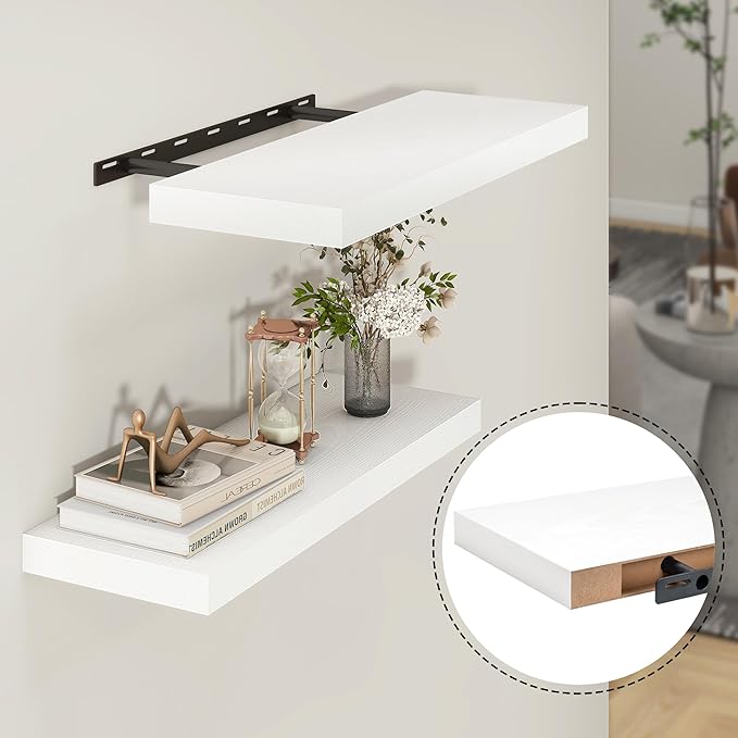 Heimlove 24 inch Floating Shelves for Wall,9.3 inch deep White Wood Shelves with Invisible Brackets,Wall Mounted Storage & Display Shelves for Bedroom,Living Room,Set of 2-Ruum Studio Home