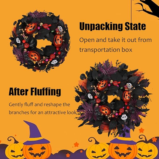 24" Glitter Halloween Wreath Outdoor - Sparkly Balls, Skulls, Bat, Skeleton, Pumpkin on Black Twig | Front Door Outside Goth Decor for Spooky Night-Ruum Studio Home