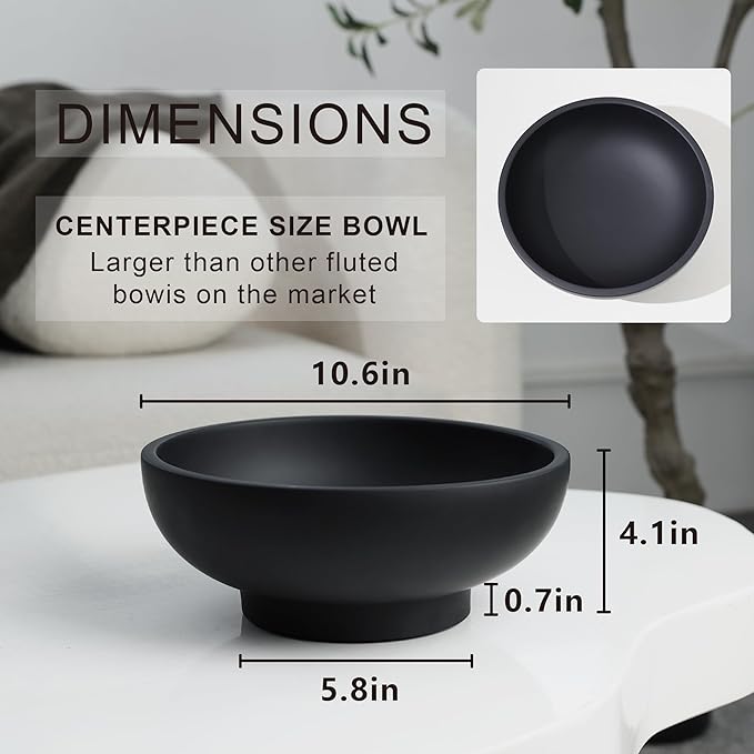 Large Black Decorative Bowl for Home Decor - Modern Concrete Fruit Bowl for Kitchen Counter or Coffee Table-Ruum Studio Home