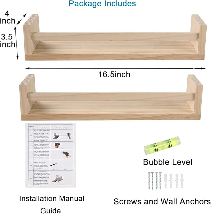 Nursery Floating Book Shelves for Kids Room, Kitchen Spice Rack, or Rustic Wall Mounted Shelves for Farmhouse Bathroom Decor (Natural Wood),Set of 2-Ruum Studio Home