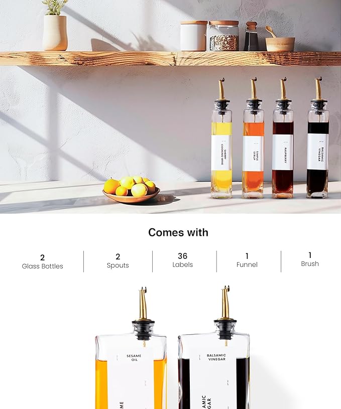 Olive Oil Dispenser for Kitchen, Cooking Oil and Vinegar Dispenser Set, Olive Oil Bottle, Soy sauce dispenser, coffee syrup bottles with stainless steel pourers - 2 pcs, Gold-Ruum Studio Home