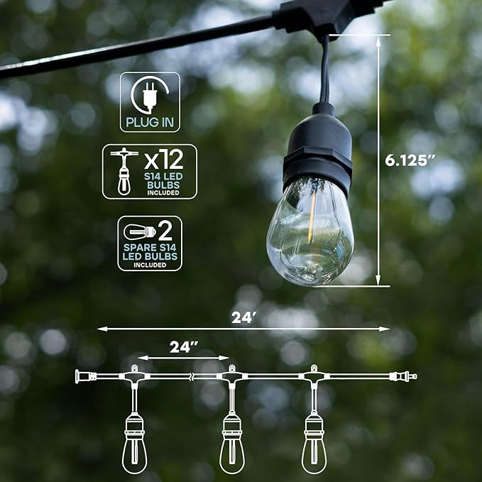 LUXRITE 24FT LED Outdoor String Lights, Commercial Grade Waterproof, 12 Edison S14 Shatterproof Bulbs, IP65, Decorative Hanging for Patio, Backyard, Garden, Cafe, Balcony-Ruum Studio Home