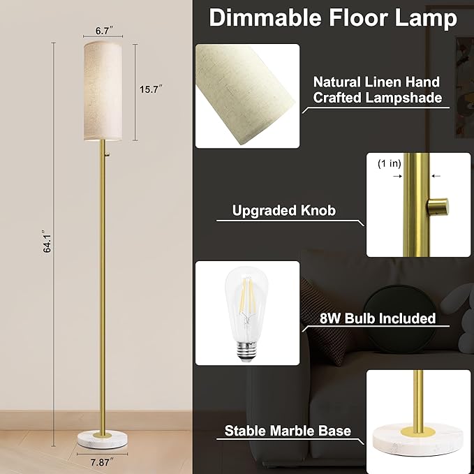 Dimmable Gold Floor Lamp for Living Room,Modern Standing Lamp with Marble Base,LED Bulb Included,Floor Lamps for Bedroom, Living Room,Office,Reading and Nursery(Gold Floor Lamp)-Ruum Studio Home