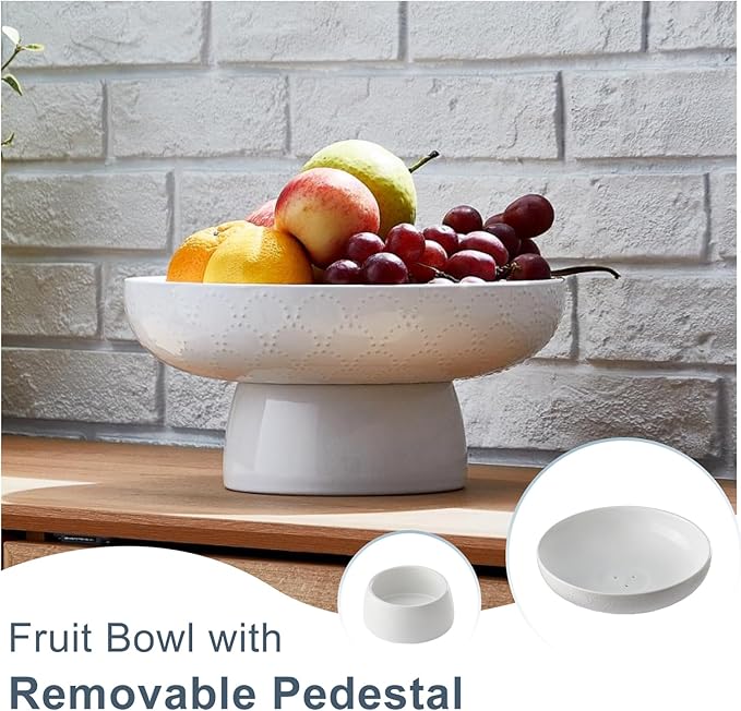 ONEMORE Ceramic Fruit Bowl, 10" Large White Removable Pedestal Bowl for Kitchen Counter, Modern Footed Fruit Bowl with Draining Holes, Decorative Fruit Bowls for Vegetables, Snacks, Candies-Ruum Studio Home