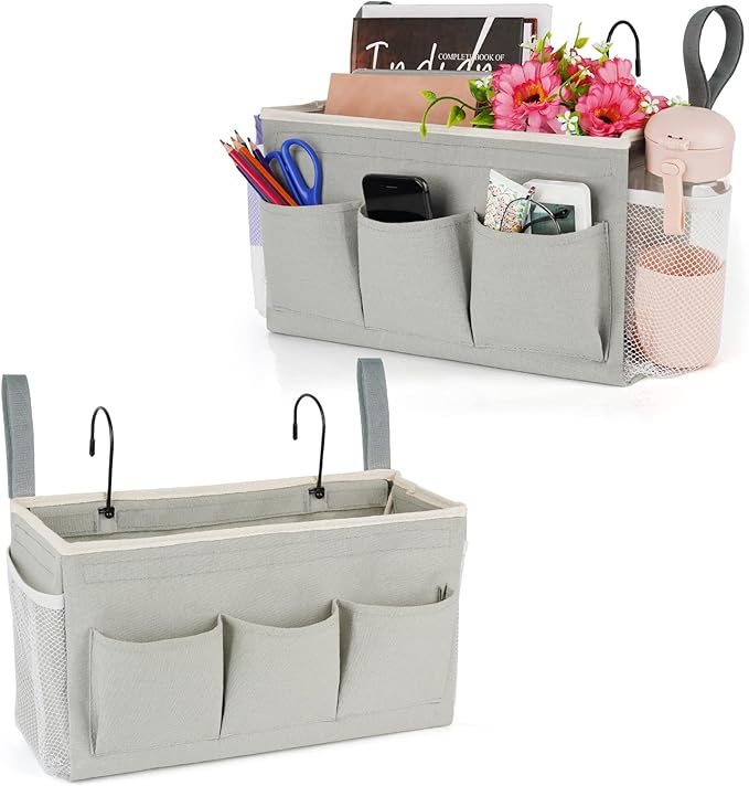 Bedside Caddy Organizer with Fixed Straps & Water Bottle Holder for Home, College Dorm, Bunk Bed, Hospital & Crib Bed Rails (2 pcs, Grey)-Ruum Studio Home