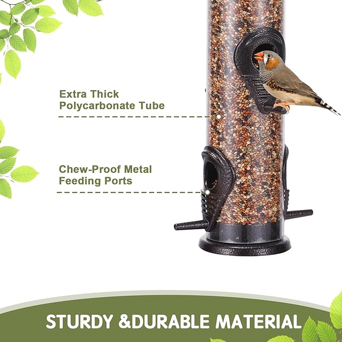 MIXXIDEA 2PK Metal Wild Bird Feeder Squirrel Proof Bird Feeders for Outside Hanging 6 Port Tube Bird Feeder Transparent Finch Feeder with Steel Hanger (Coffee)-Ruum Studio Home
