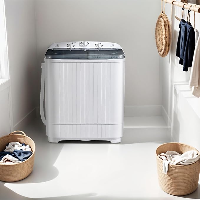 Portable Mini Twin Tub 32lbs Washing Machine With Drying Rack& 10 Hangers, 20lbs Washer & 12lbs Spinner, Small Laundry Washer with Time Control for Camping, Apartments, RV (32lbs)-Ruum Studio Home