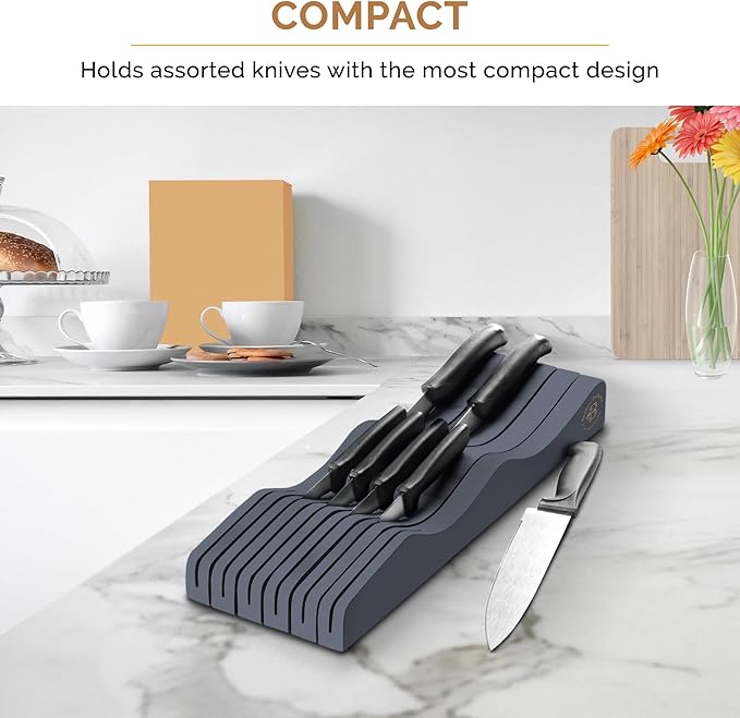 In-Drawer Knife Block - Bamboo Knife Drawer Organizer for Kitchen - Fits 5 Long + 6 Short Knives, Store Knives with Blades Pointing Down - Wooden Steak knife Holder without Knives (Grey)-Ruum Studio Home