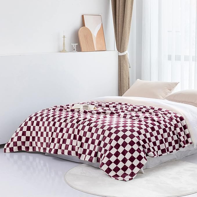 LOMAO Throw Blankets Flannel Blanket with Checkerboard Grid Pattern Soft Throw Blanket for Couch, Bed, Sofa Luxurious Warm and Cozy for All Seasons (Burgundy, 50"x60")-Ruum Studio Home
