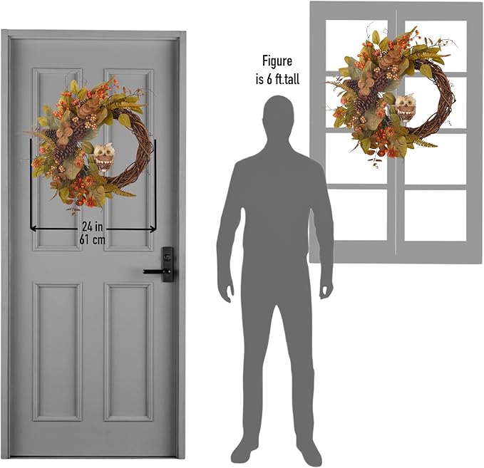 Fall Owl Wreath for Front Door 24 Inch, Autumn Natural Pine Cones Faux Eucalyptus Magnolia Leaf Berry Wreath, Fall Decor for Home Farmhouse Door Wall Window Porch Indoor/Outdoor-Ruum Studio Home