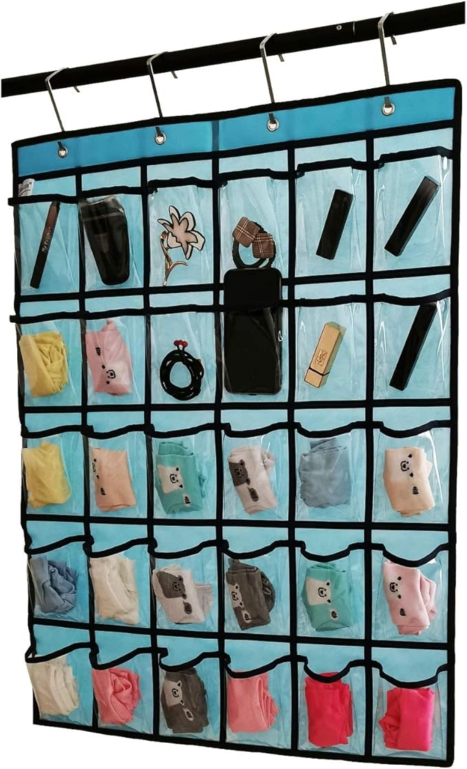 Classroom Pocket Chart for Phone Calculator Holder Over The Door Hanging Closet Jewelry Organizer with 30 Clear Pockets (Blue)-Ruum Studio Home