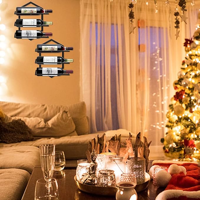 2Pcs Wall Mounted Wine Stemware Rack, Metal Hanging Wine Glass Display Holde Holds 3 Bottles, Elegant Storage for Kitchen Dining Room Bar Wine Cellar-Ruum Studio Home