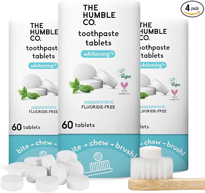 The Humble Co. Whitening Toothpaste Tablets – Fluoride Free Toothpaste Whitening Tablets, Dentist Developed Formula, Vegan, SLS Free, Plastic Free (Peppermint, 2 PK)-Ruum Studio Home
