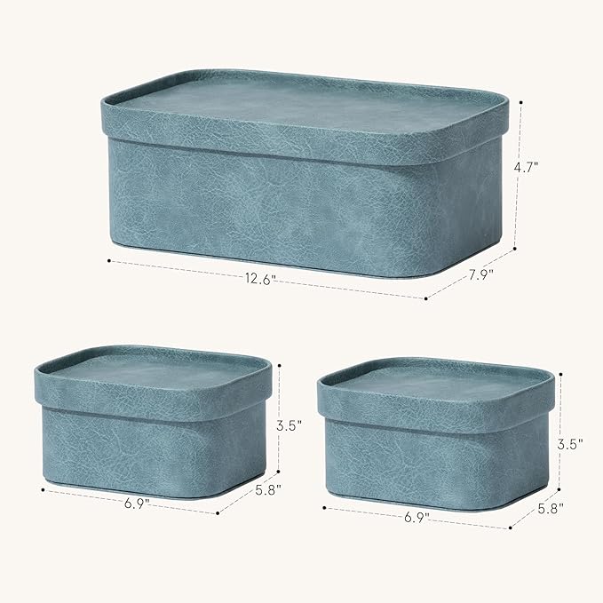La Jolie Maison Vegan Leather Storage Boxes with Lids, Set of 3 Decorative Storage Containers Organize Stackable Storage Box, Dusty Blue-Ruum Studio Home