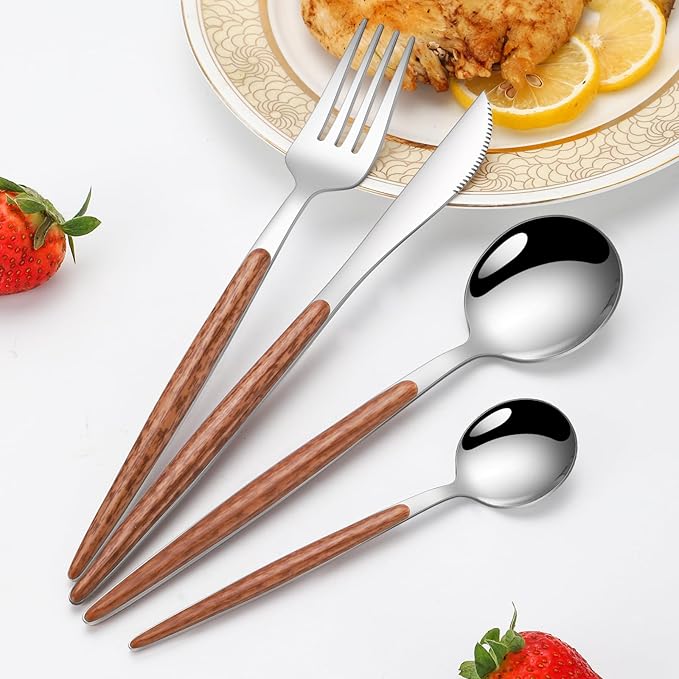 16 PCS Silverware Set for 4,Stainless Steel Flatware Cutlery Eating Utensils Set with Wood Grain Handle,Steak Knives Forks and Spoons for Home,Party,Mirror Polished and Dishwasher Safe-Ruum Studio Home