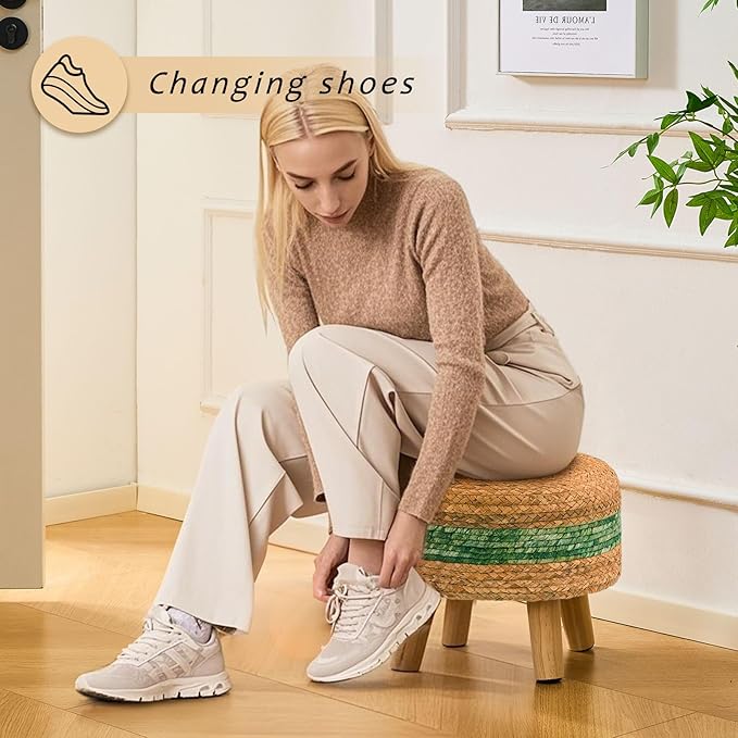 Handwoven Round Ottoman, Natural Water Hyacinth Outdoor Patio Pouf Seagrass Low Stool with Wood Legs, Soft Padded Footrest for Living Room Bedroom Garden, Green-Ruum Studio Home