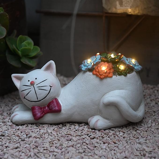 Cat Garden Figurines Outdoor Decor Solar Statue with Succulent and LED Lights for Patio Lawn Yard Art Decoration Housewarming Garden Gift-Ruum Studio Home
