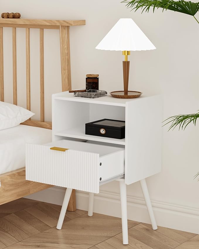 Nightstand,Modern Bedside Table with Storage Drawer and Open Wood Shelf, Accent Night Stand with Solid Wood Legs for Living Room, Bedroom and Small Spaces,Easy Assembly (White)-Ruum Studio Home