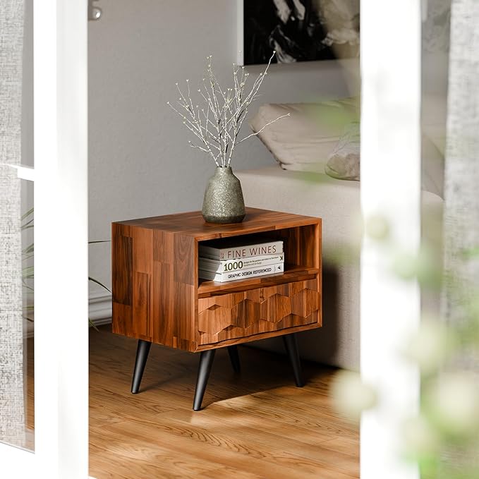 Bme Georgina Solid Wood Nightstand with 1 Drawer & Open Shelf- Fully Assembled Mid Century Modern Side Table - Geometric Pattern Bedside Dresser for Bedroom and Living Room, Dark Chocolate-Ruum Studio Home