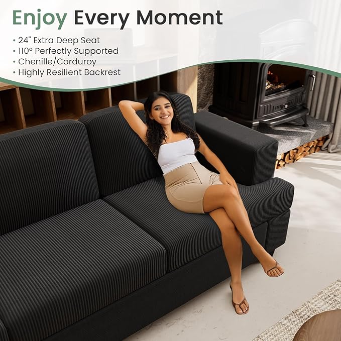 63” Corduroy Loveseat Sofa Couch for Living Room, Small Couch with Deep Seat for Bedroom, Comfy Could Loveseat for Small Living Room, Black Corduroy-Ruum Studio Home