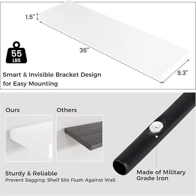 Floating Shelves for Wall, 2 Large Wall Mounted Shelves with Invisible Brackets, Long Wood Floating Wall Shelf Shelves for Living Room, Bedroom, Kitchen, (White, 36" W x 9" D x 1.5" H)-Ruum Studio Home