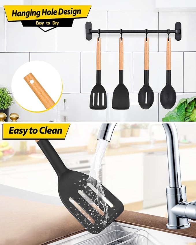 Pack of 4 Silicone Cooking Utensils Set, Non Stick Solid Spatulas and Heat Resistant Slotted Spoons with Wooden Handle, Ideal Wood Kitchen Utensils Set for Frying,Serving,Turning,Stirring (BLACK)-Ruum Studio Home