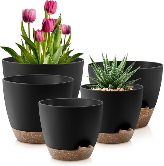 Plant Pots 10/9/8/7.5/7 Inch Self Watering Pots, Set of 5 Plastic Planters with Drainage Holes and Saucers,Plastic Flower Pots,Nursery Planting Pot for Indoor Out Door Plants(Black Brown)-Ruum Studio Home